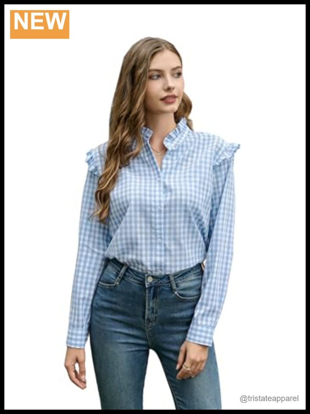 Women's Plaid Button Down Shirt with Ruffled Collar 100% Cotton Long Sleeve